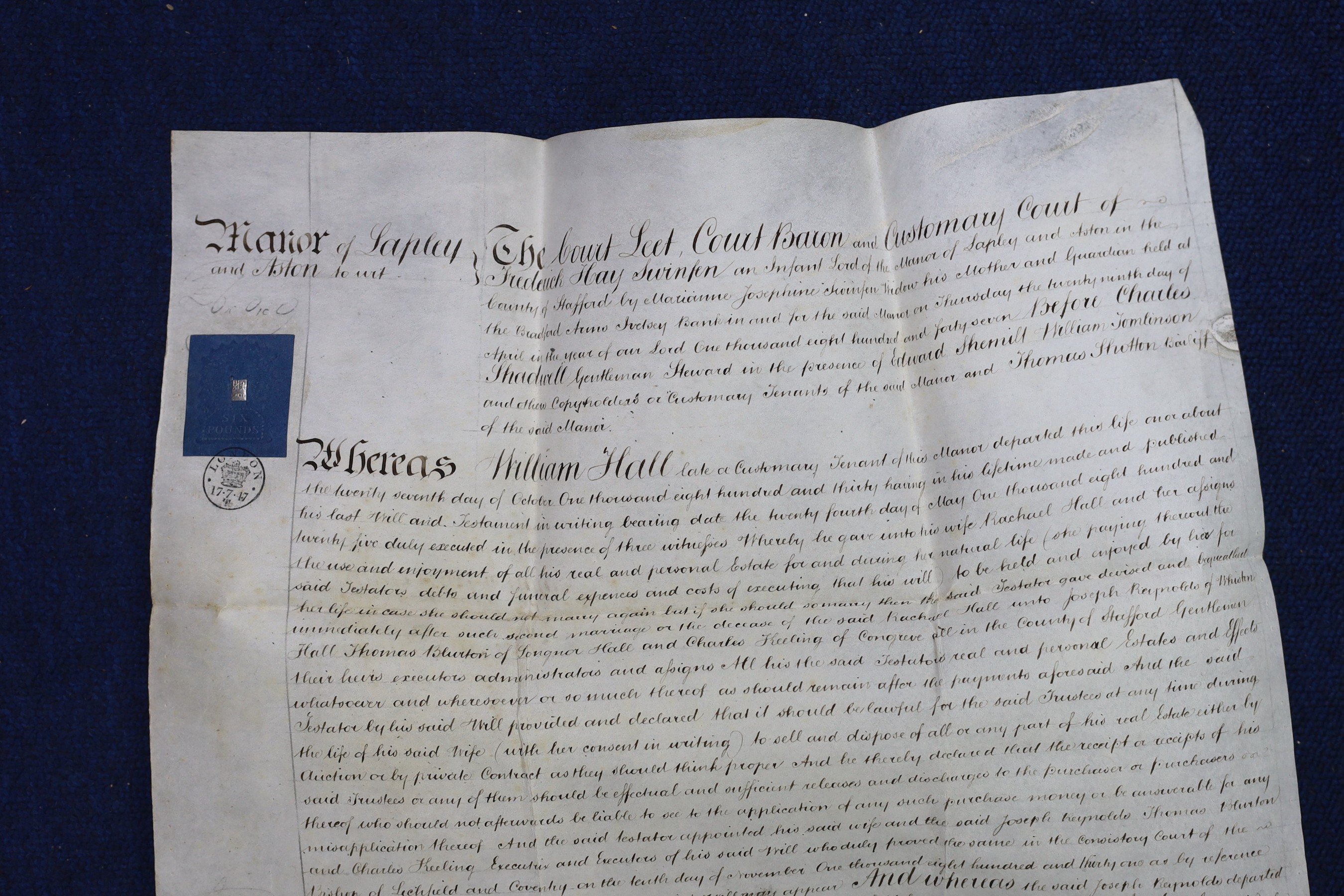 Three 19th legal documents on vellum:-The last will and testament of Thomas Osbourne, 4 leaves, dated 12th November, 1838, 65 x 72cms; Copy of a surrender of a lease, for land in the Manor of Lapley and Aston [Staffordsh